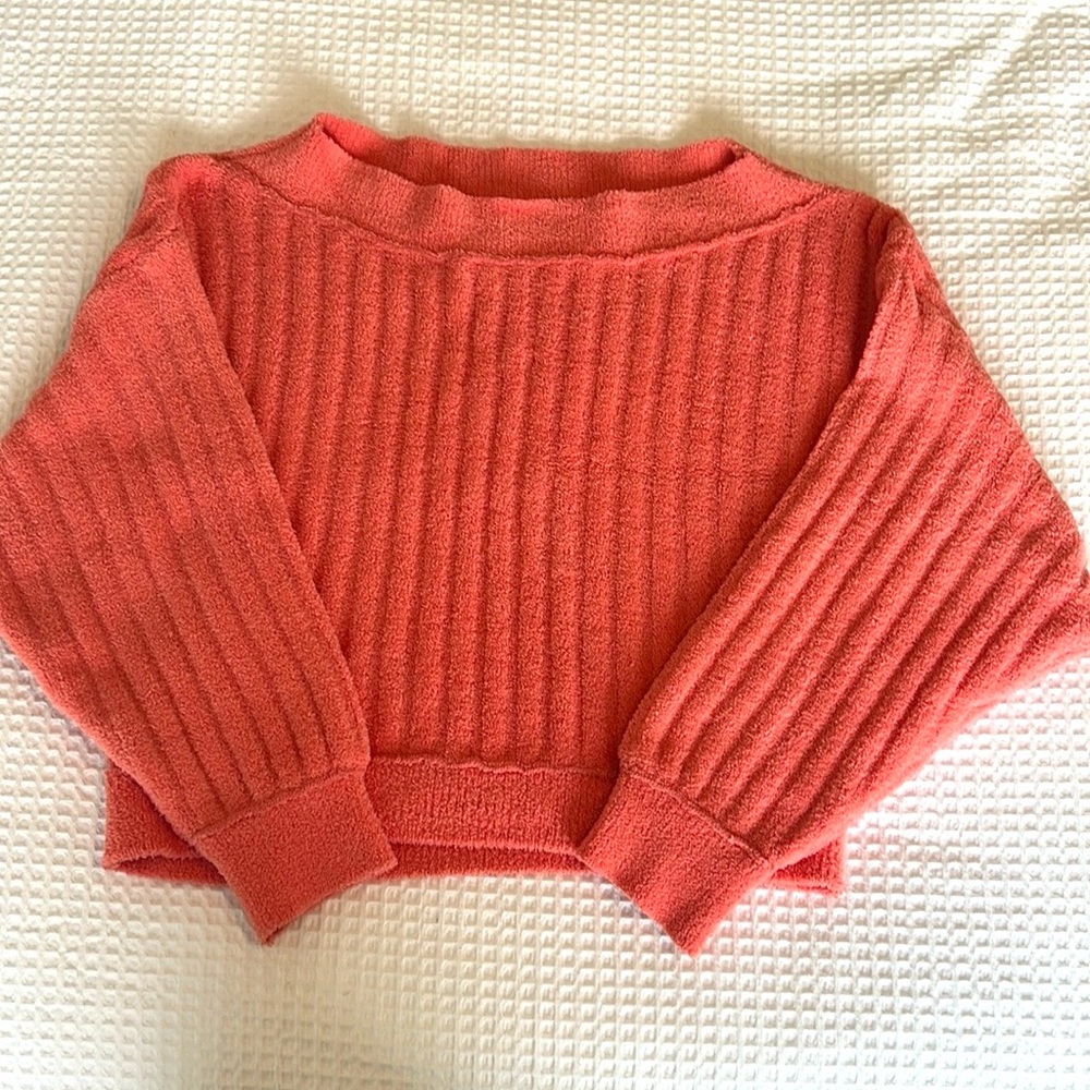 Free People Off-the-Shoulder Coral Chunky Slouchy Ribbed Pullover Sweater